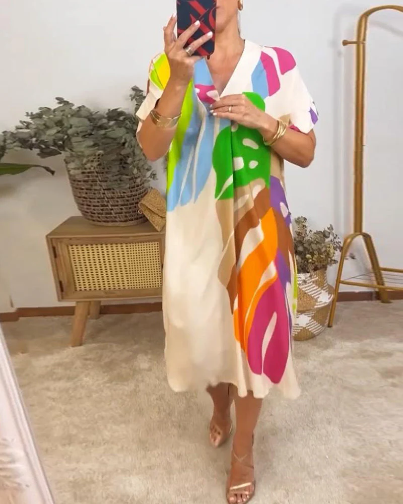 Colorful leaf print casual dress - Image 11