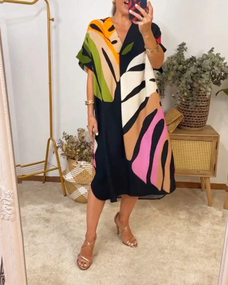 Colorful leaf print casual dress - Image 2