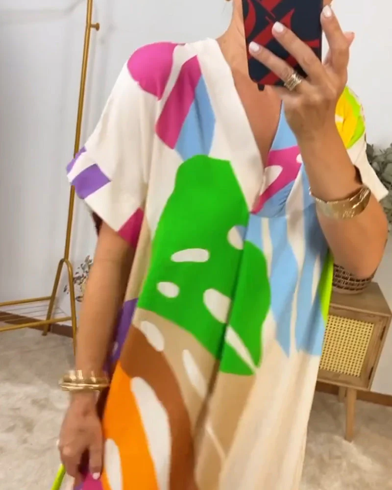 Colorful leaf print casual dress - Image 20