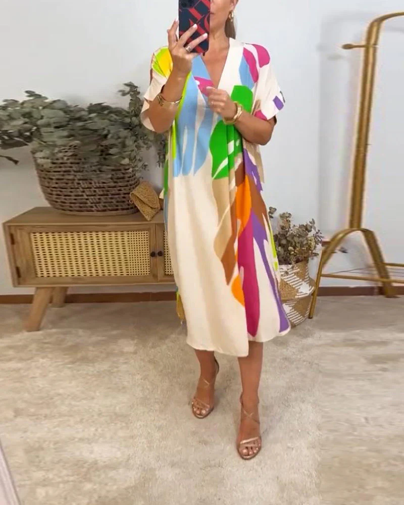 Colorful leaf print casual dress - Image 23