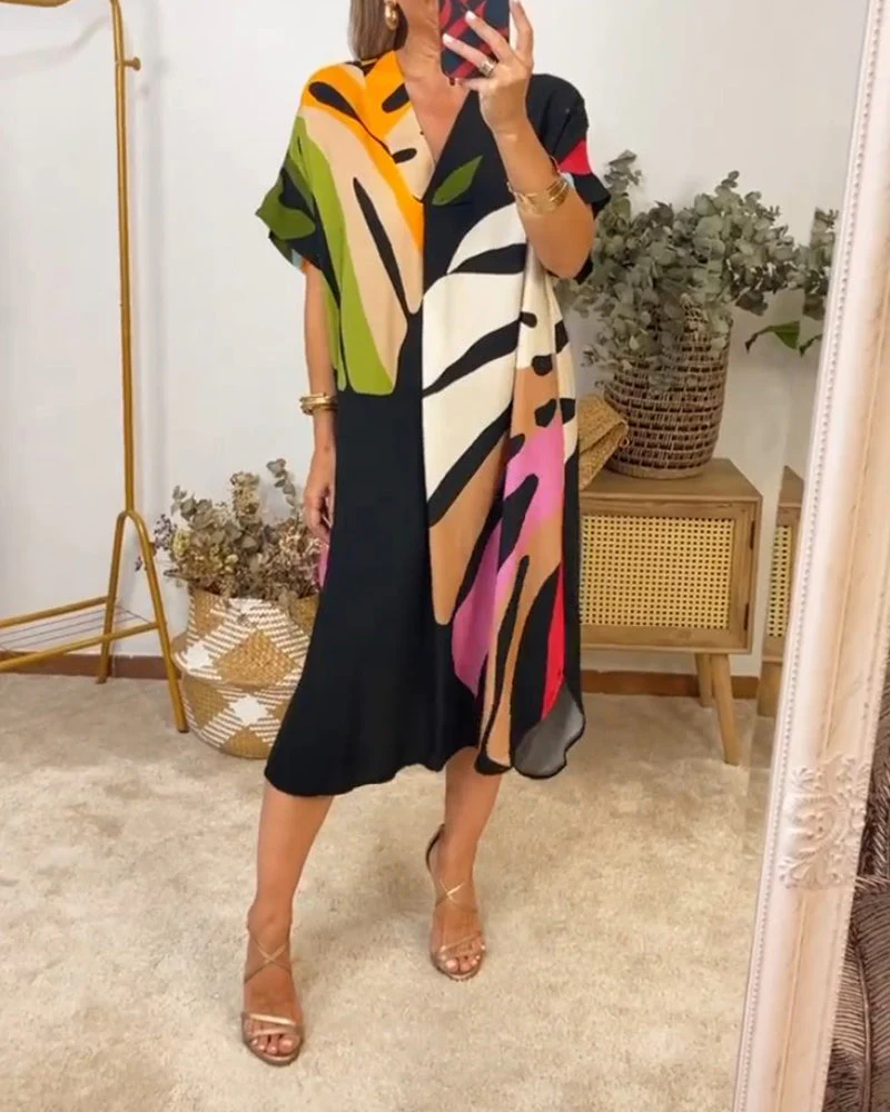 Colorful leaf print casual dress - Image 3