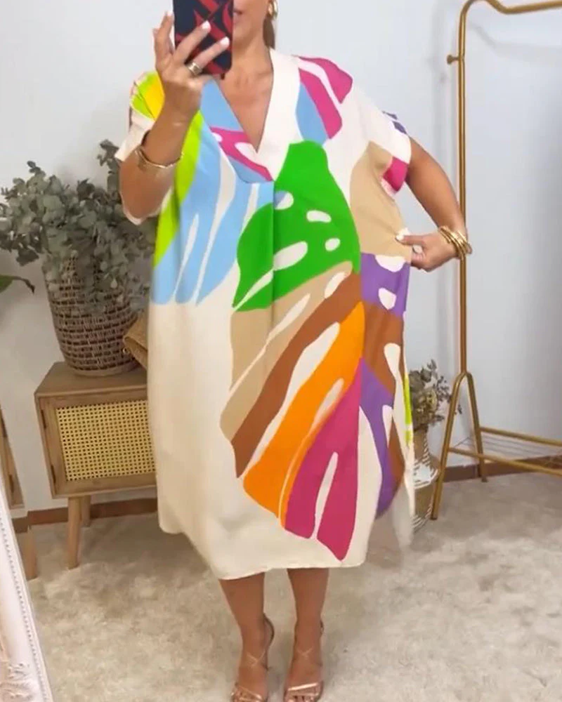 Colorful leaf print casual dress - Image 33