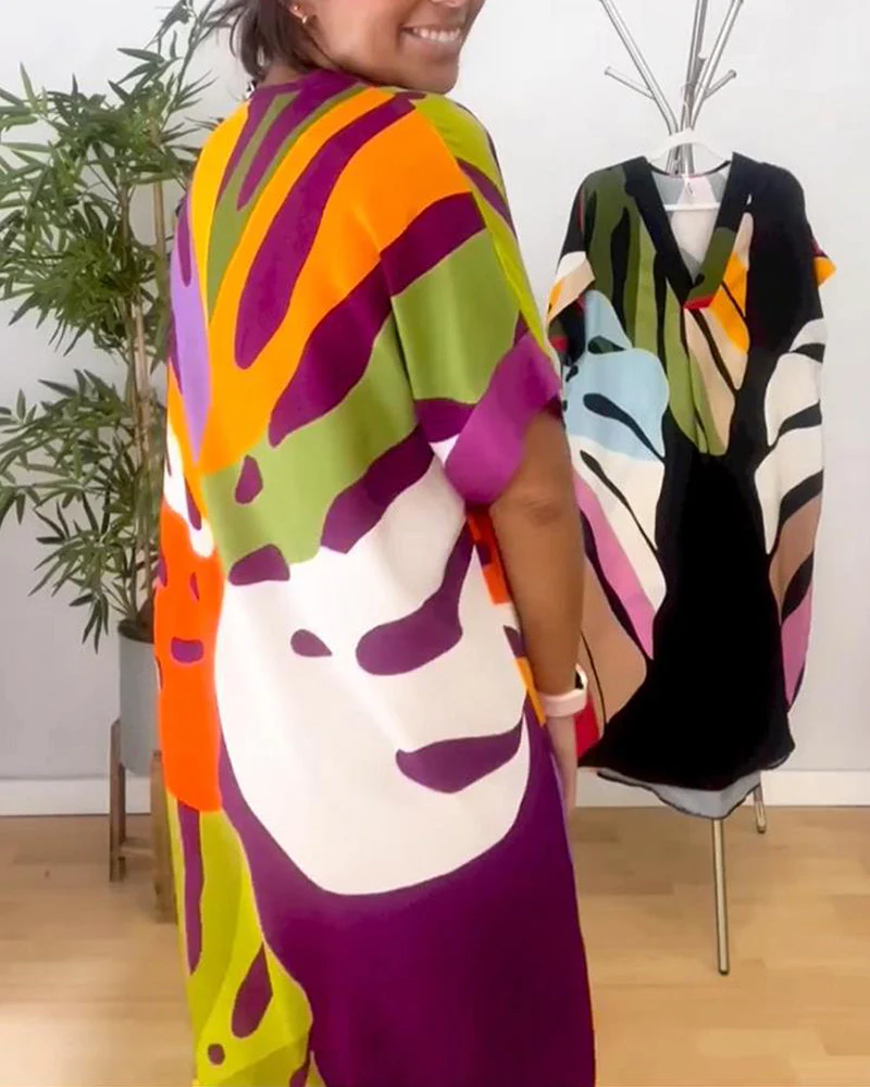 Colorful leaf print casual dress - Image 38