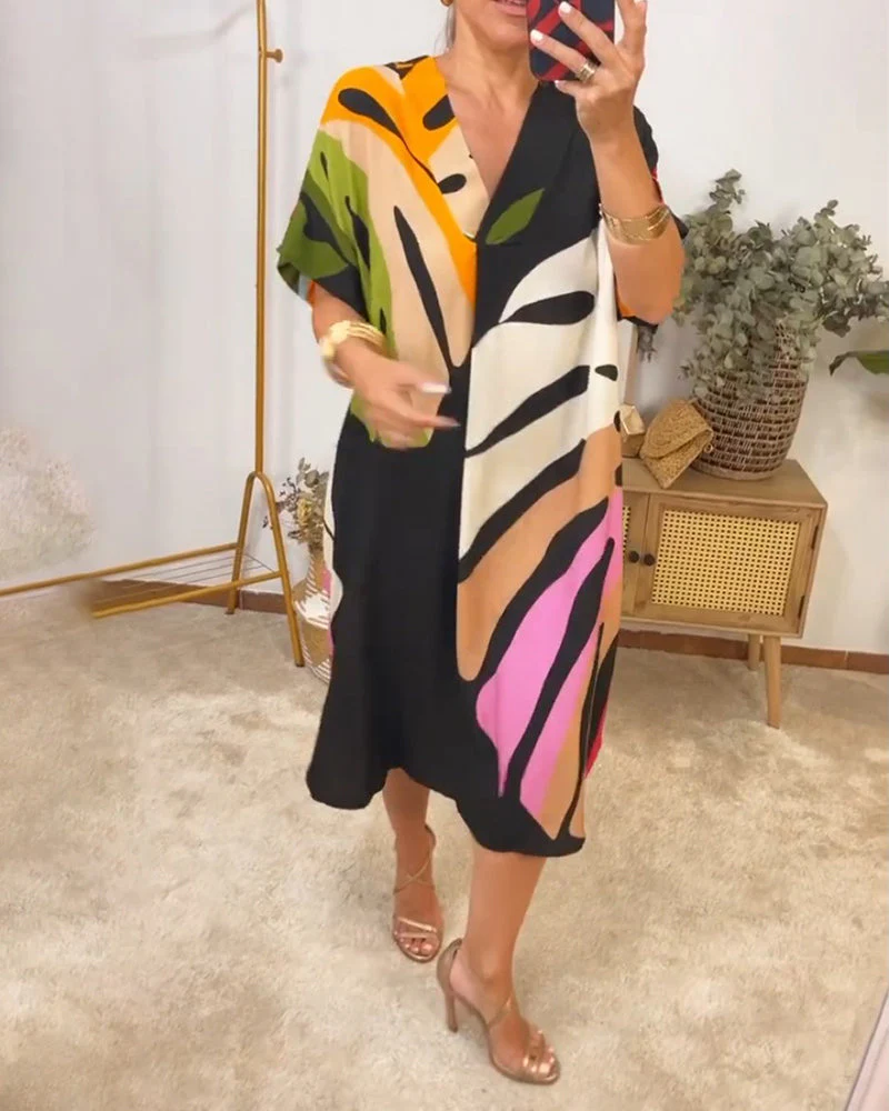 Colorful leaf print casual dress - Image 5