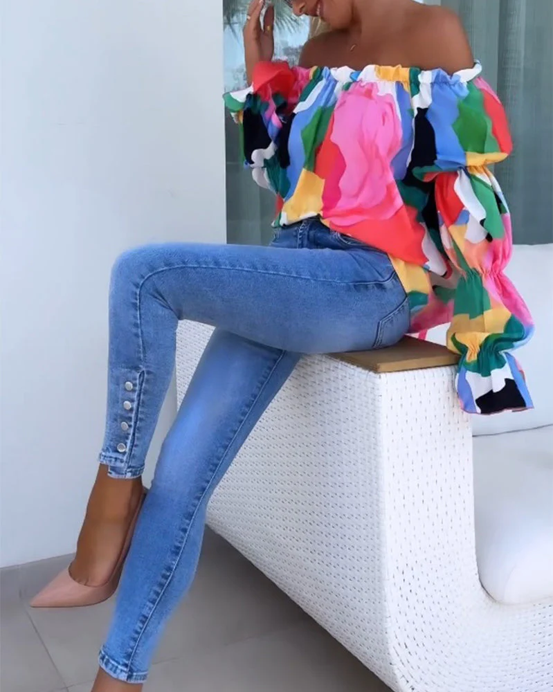 Colorful Printed One-Shoulder Casual Top - Image 6