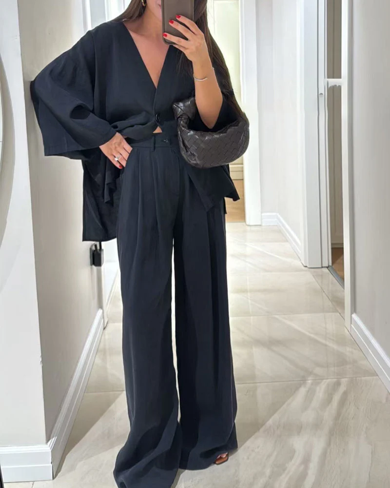 Comfortable V-Neck Casual Two-Piece Set - Image 8