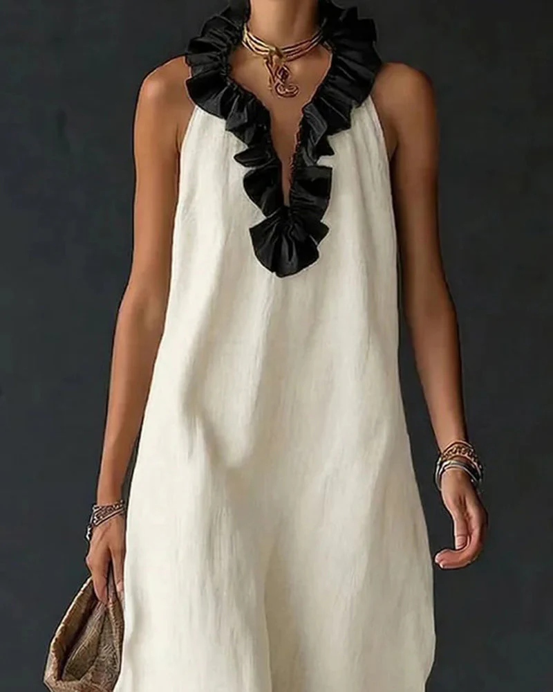 Contrast Ruffled Sleeveless Long Dress - Image 2