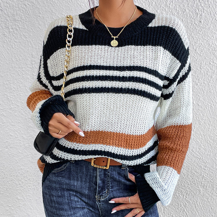 Contrast Striped Round Neck Long Sleeve Sweater - Image 3