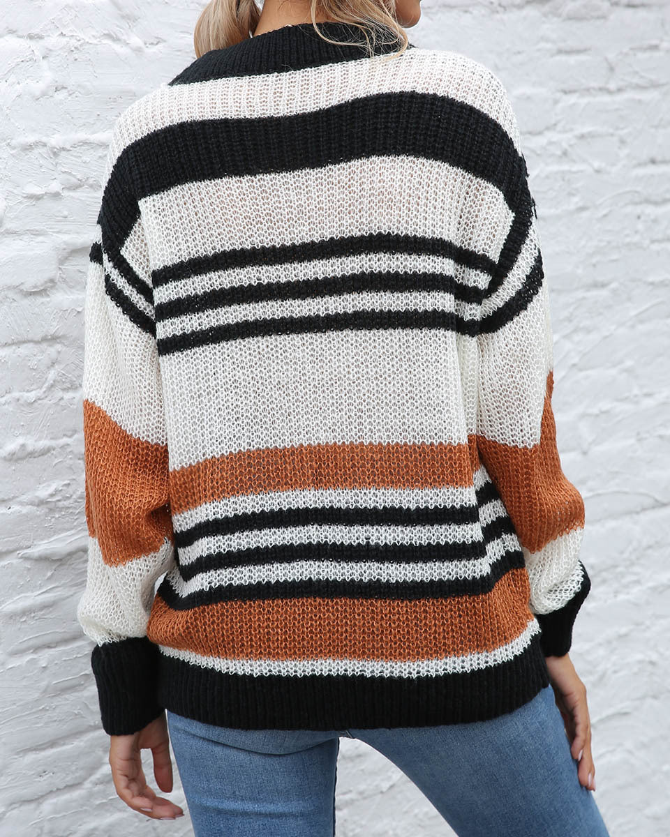 Contrast Striped Round Neck Long Sleeve Sweater - Image 4