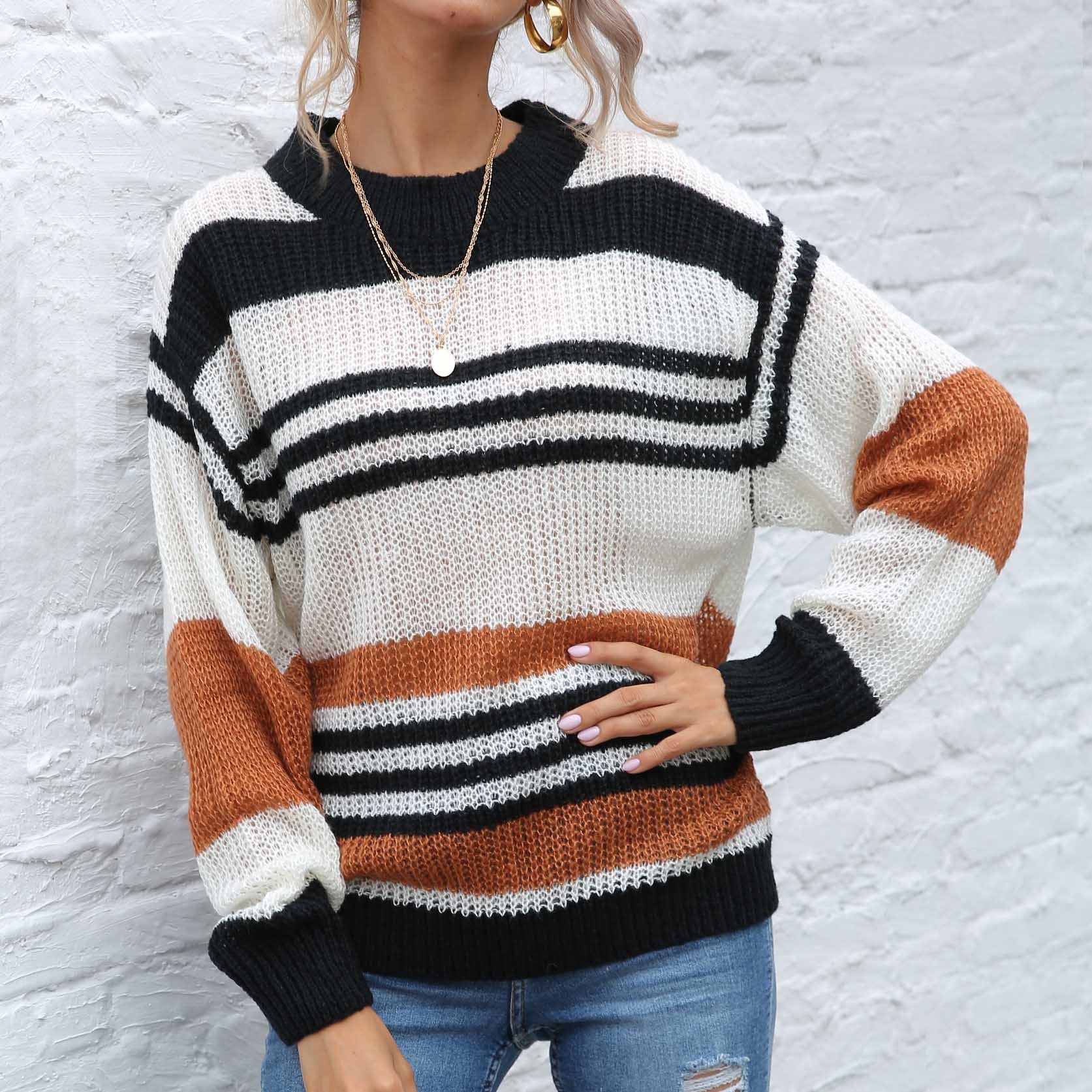 Contrast Striped Round Neck Long Sleeve Sweater - Image 6