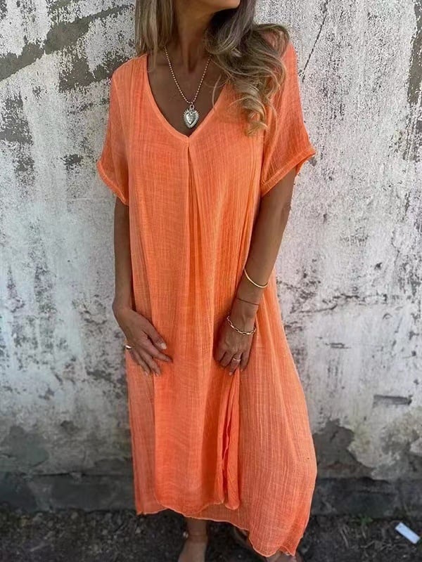 Cotton and Linen V-neck Midi Dress - Image 11