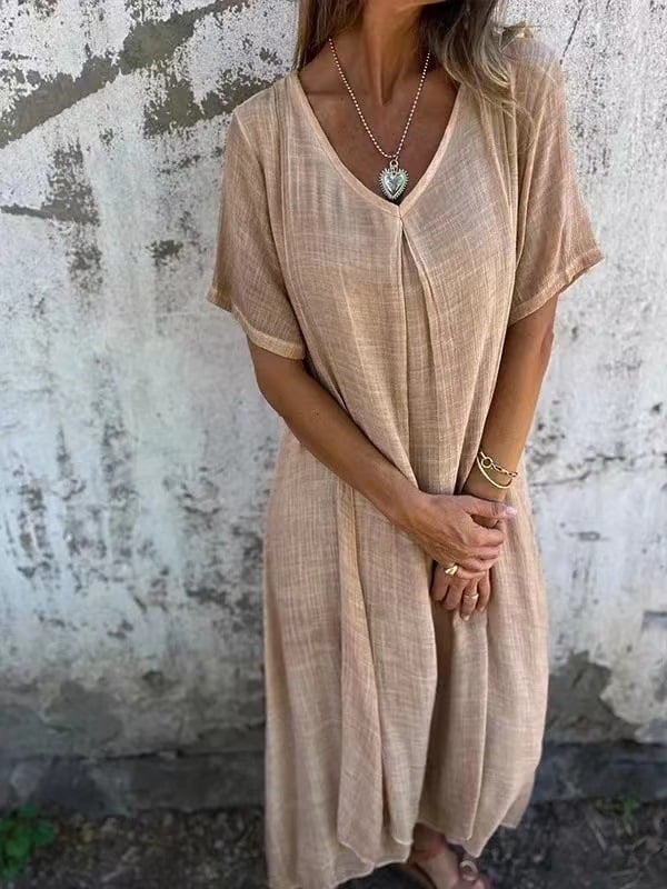 Cotton and Linen V-neck Midi Dress - Image 18