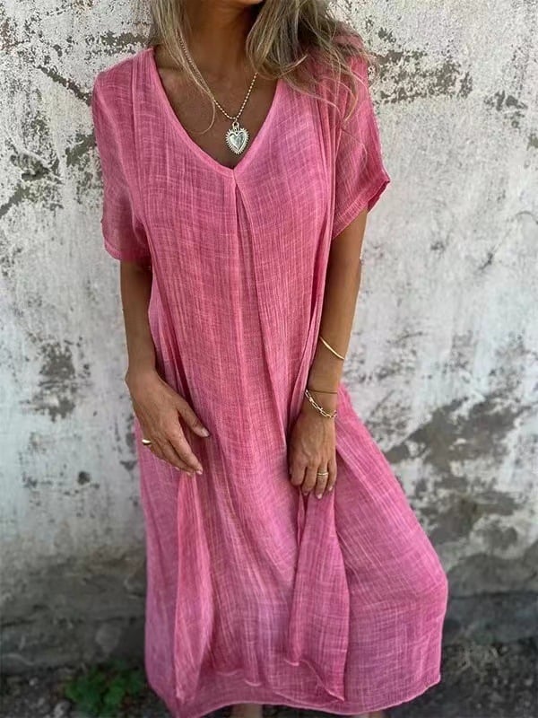 Cotton and Linen V-neck Midi Dress - Image 2