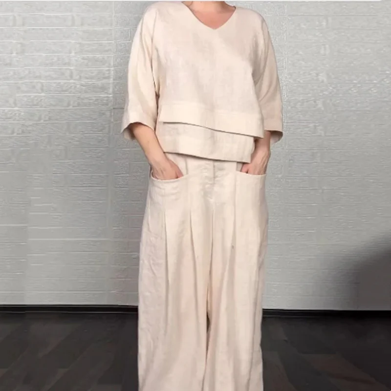Cotton Linen Short Sleeve Two Piece Set - Image 5