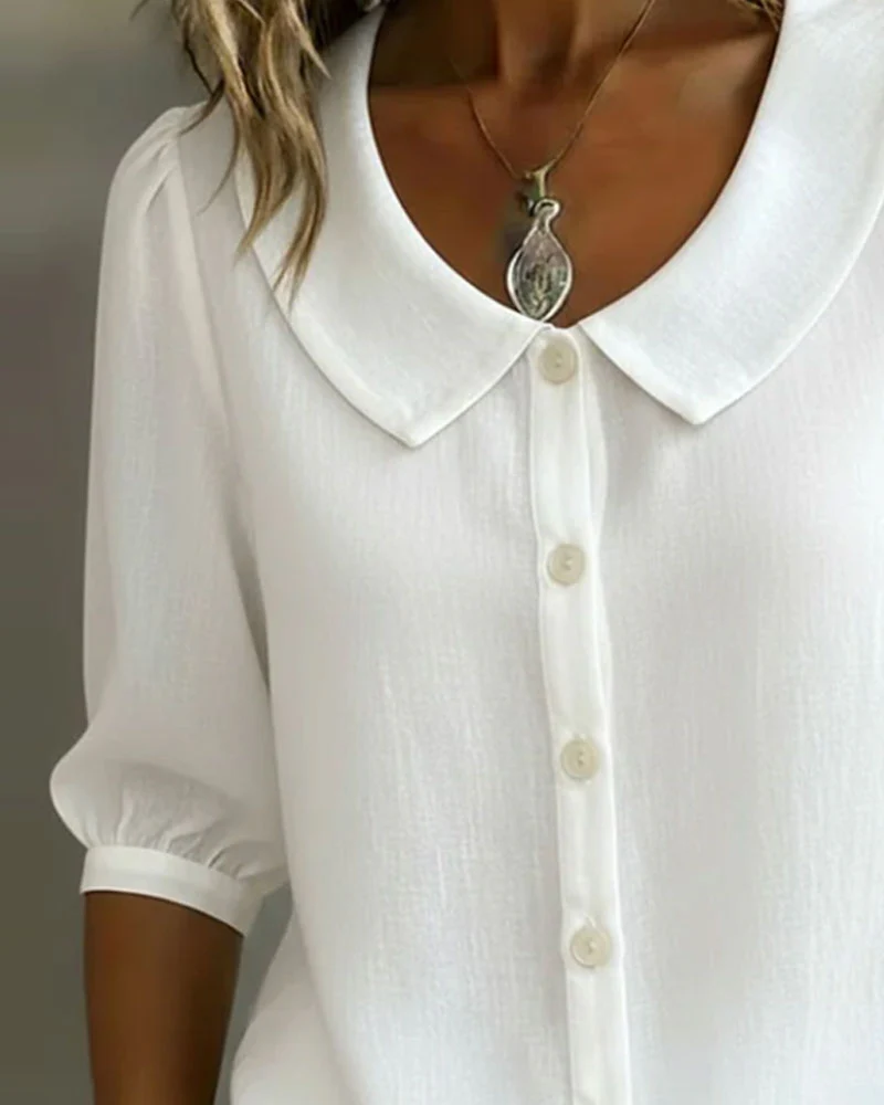 Cotton Mid-Sleeve Peter Pan Collar Shirt - Image 8