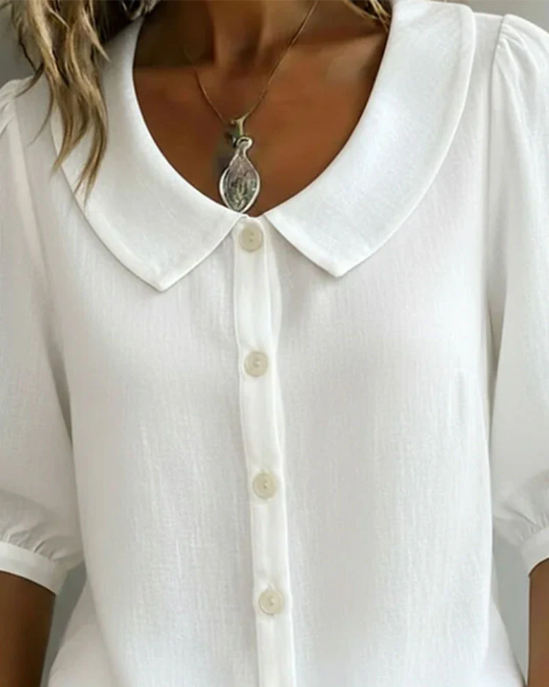 Cotton Mid-Sleeve Peter Pan Collar Shirt - Image 9