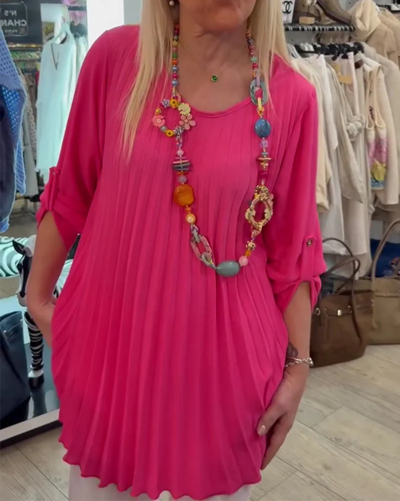 Crew Neck Pleated Blouse - Image 2
