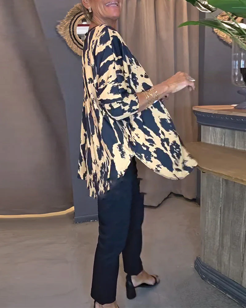 Crew Neck Printed Slit Blouse - Image 5