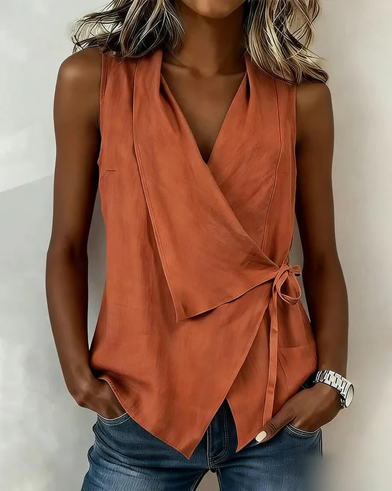 Crisscross Tie Cotton Linen Solid Tank Top
