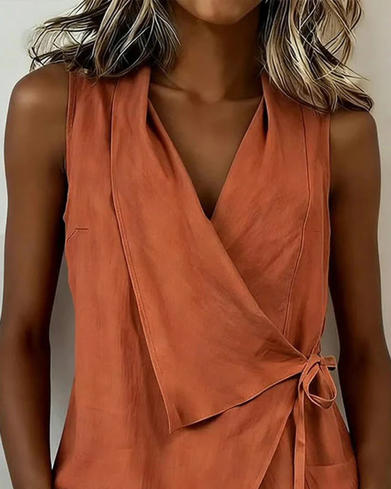 Crisscross Tie Cotton Linen Solid Tank Top - Image 4