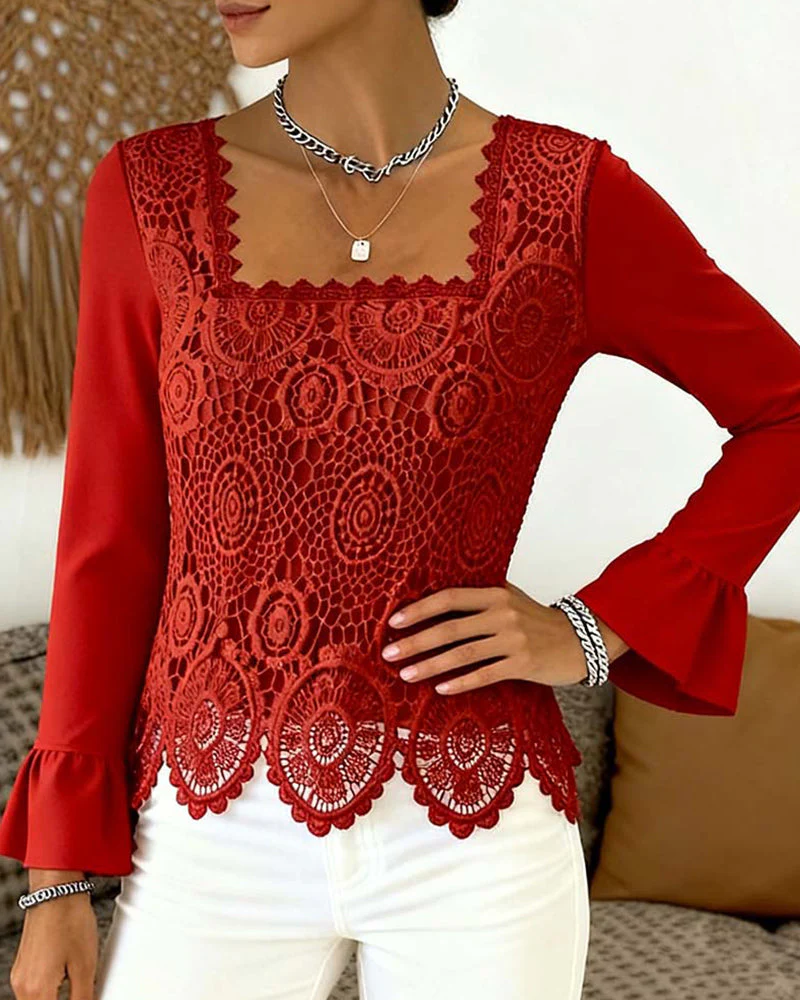 Crocheted Wide-Neck Patchwork Blouse - Image 2