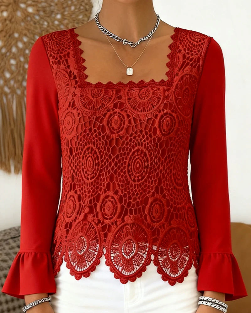 Crocheted Wide-Neck Patchwork Blouse - Image 3