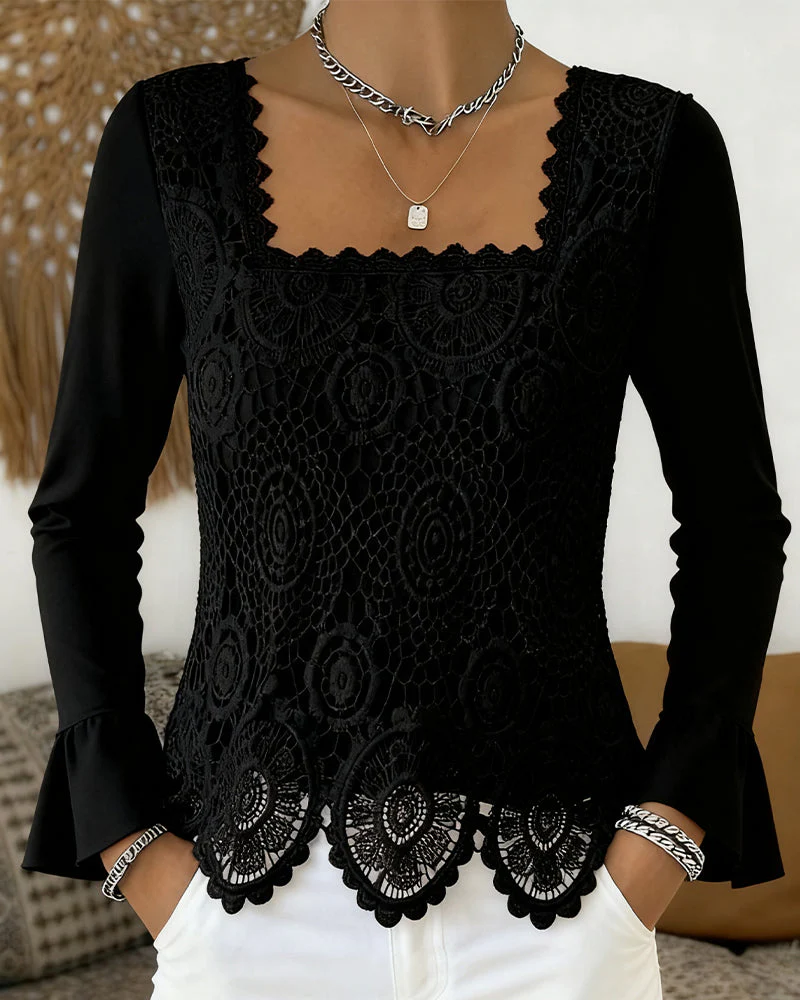 Crocheted Wide-Neck Patchwork Blouse - Image 4