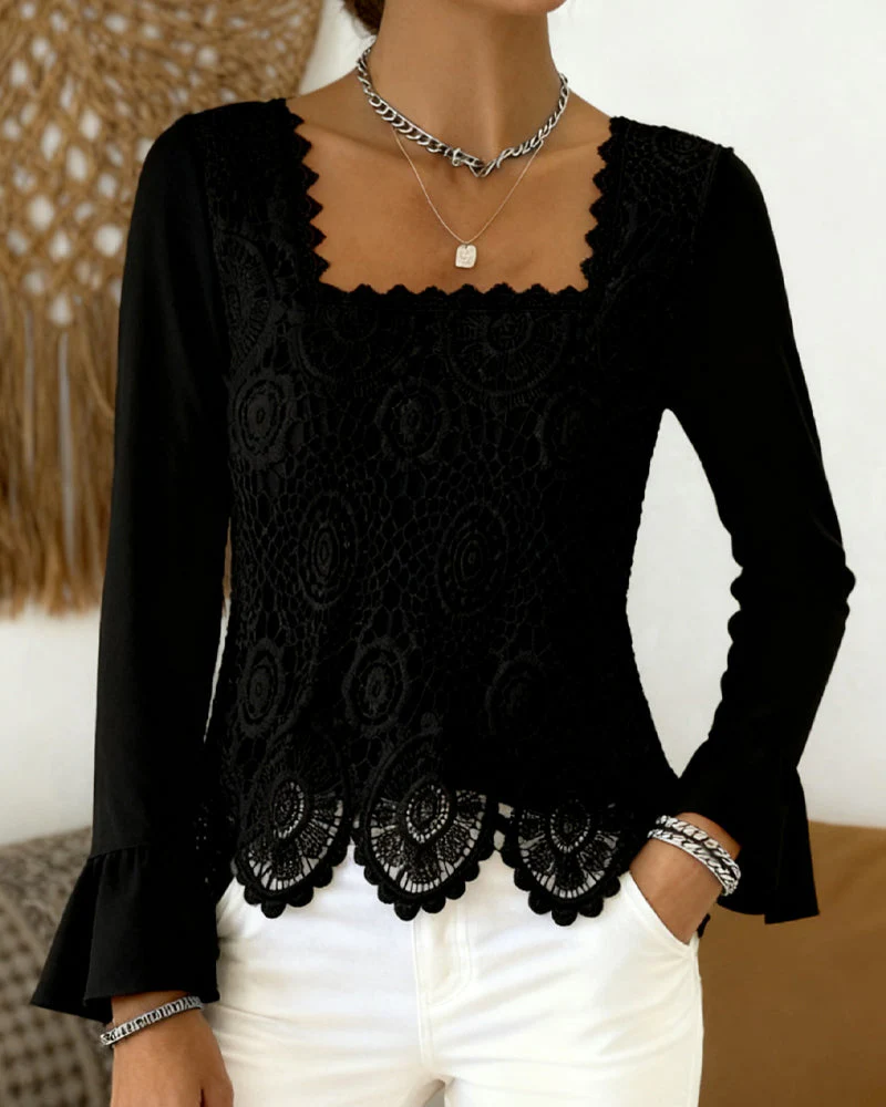 Crocheted Wide-Neck Patchwork Blouse - Image 5