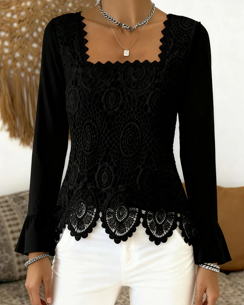 Crocheted Wide-Neck Patchwork Blouse - Image 6