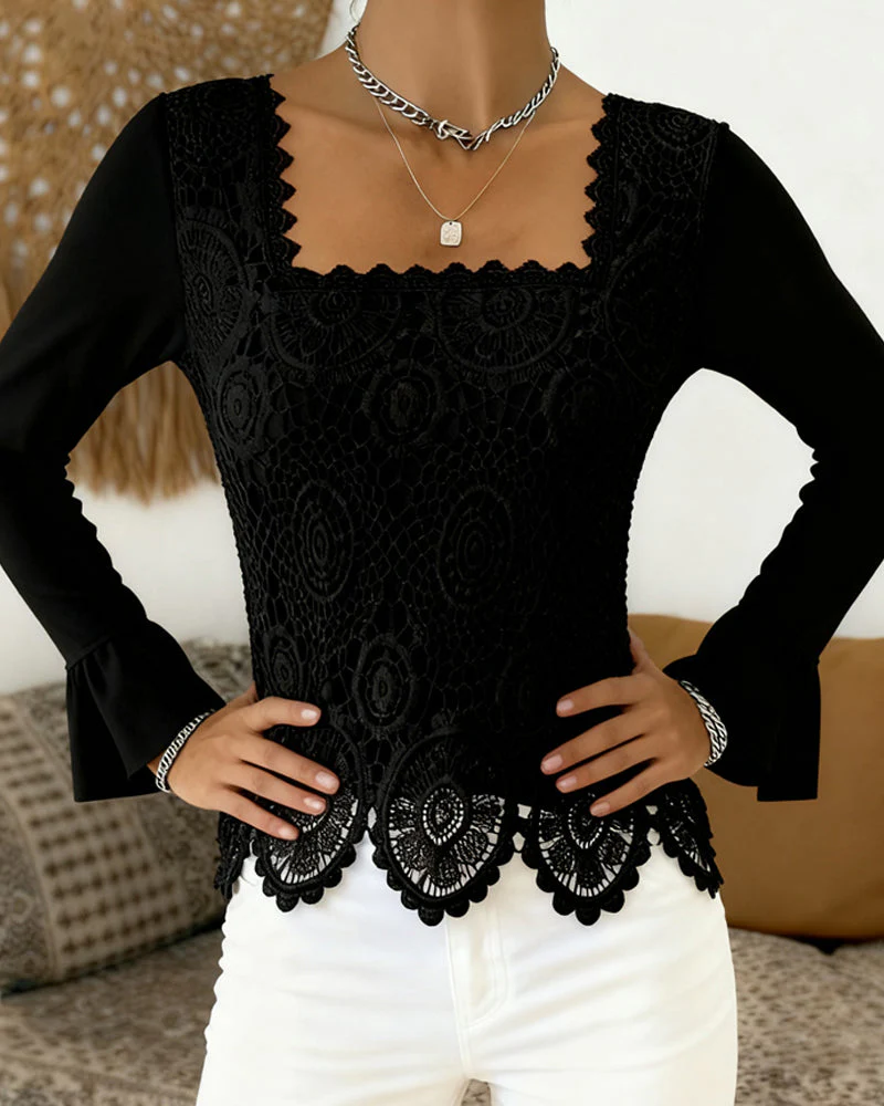 Crocheted Wide-Neck Patchwork Blouse - Image 7