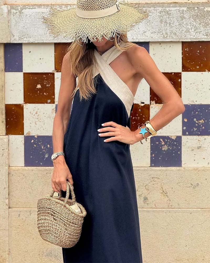 Cross Backless Contrast Color Elegant Dress - Image 11
