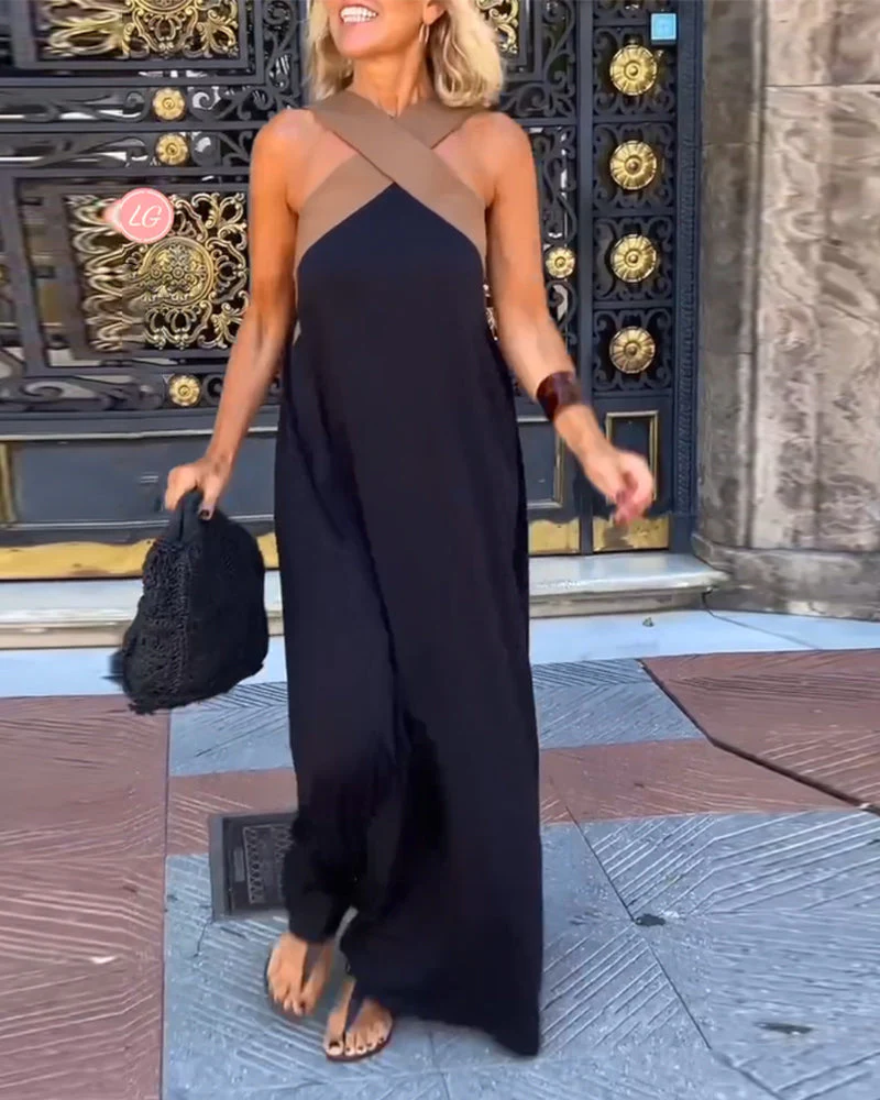 Cross Backless Contrast Color Elegant Dress - Image 5