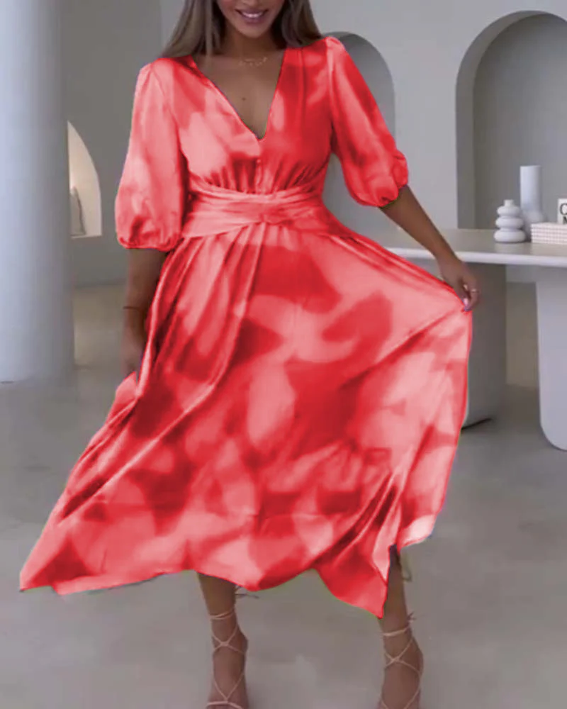 Deep V half-sleeve printed elegant dress - Image 15