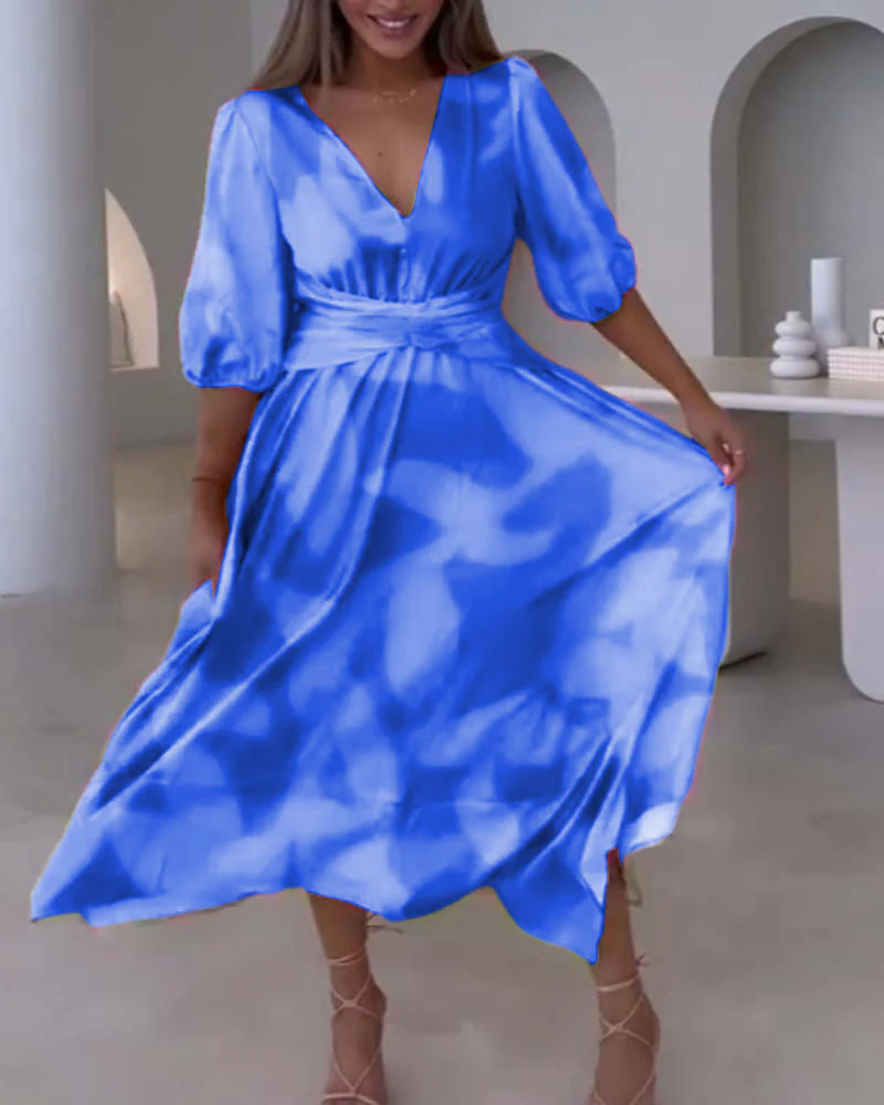 Deep V half-sleeve printed elegant dress - Image 17
