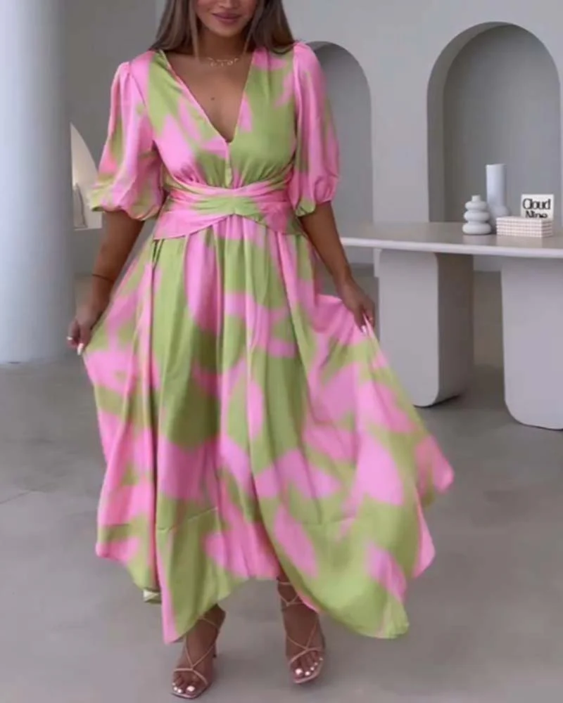 Deep V half-sleeve printed elegant dress - Image 18