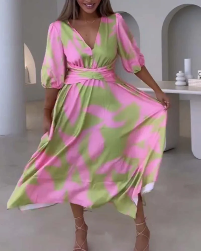 Deep V half-sleeve printed elegant dress - Image 20