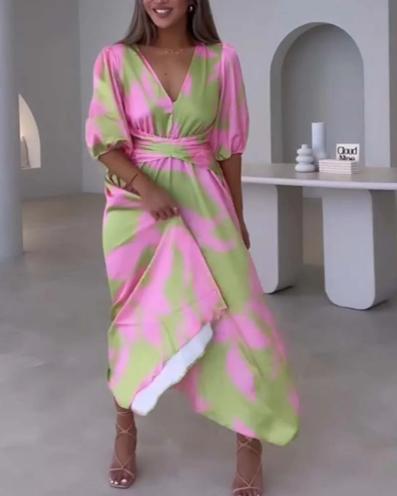 Deep V half-sleeve printed elegant dress - Image 22