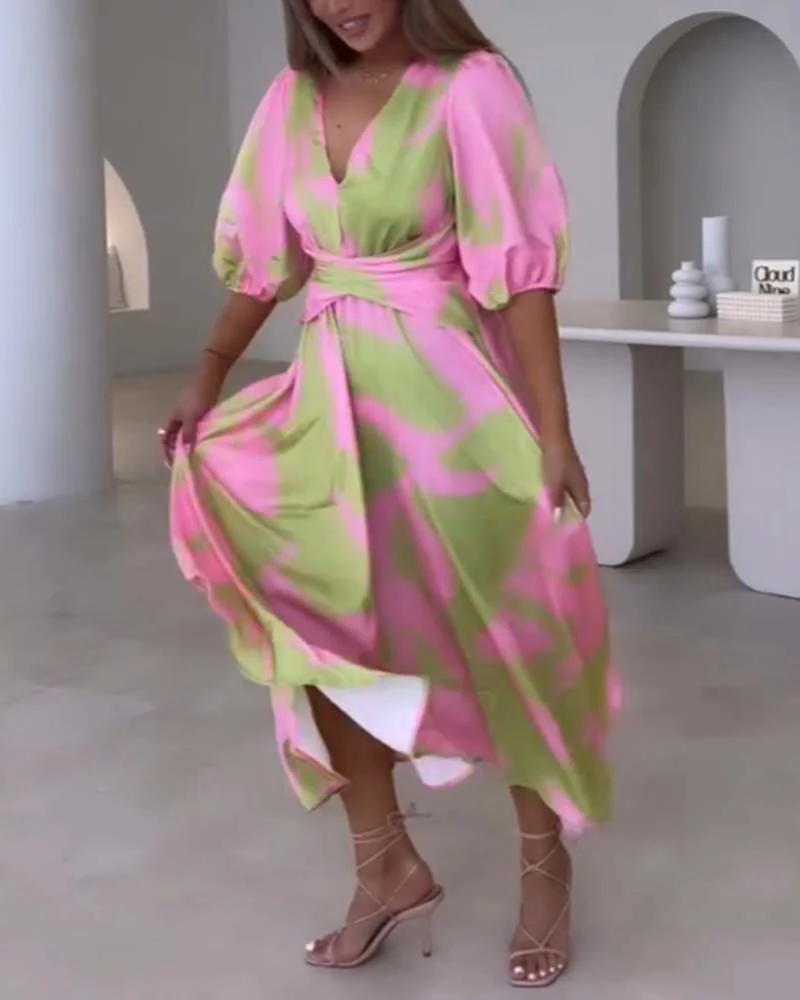 Deep V half-sleeve printed elegant dress - Image 23