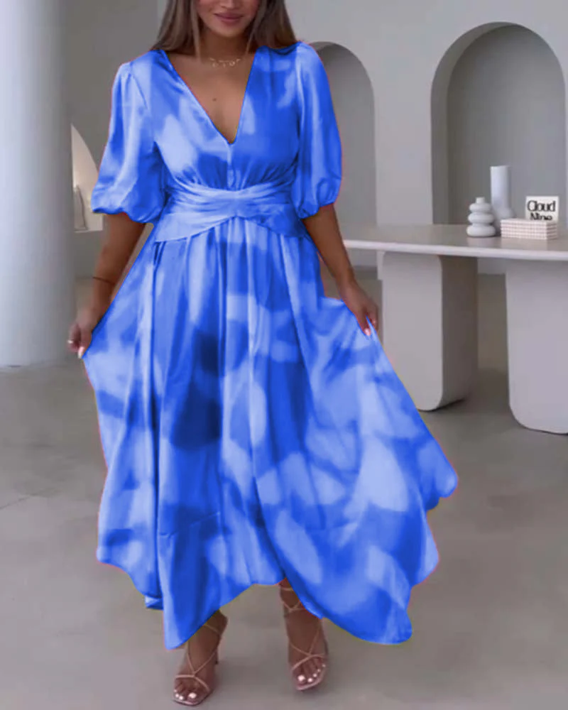 Deep V half-sleeve printed elegant dress - Image 26