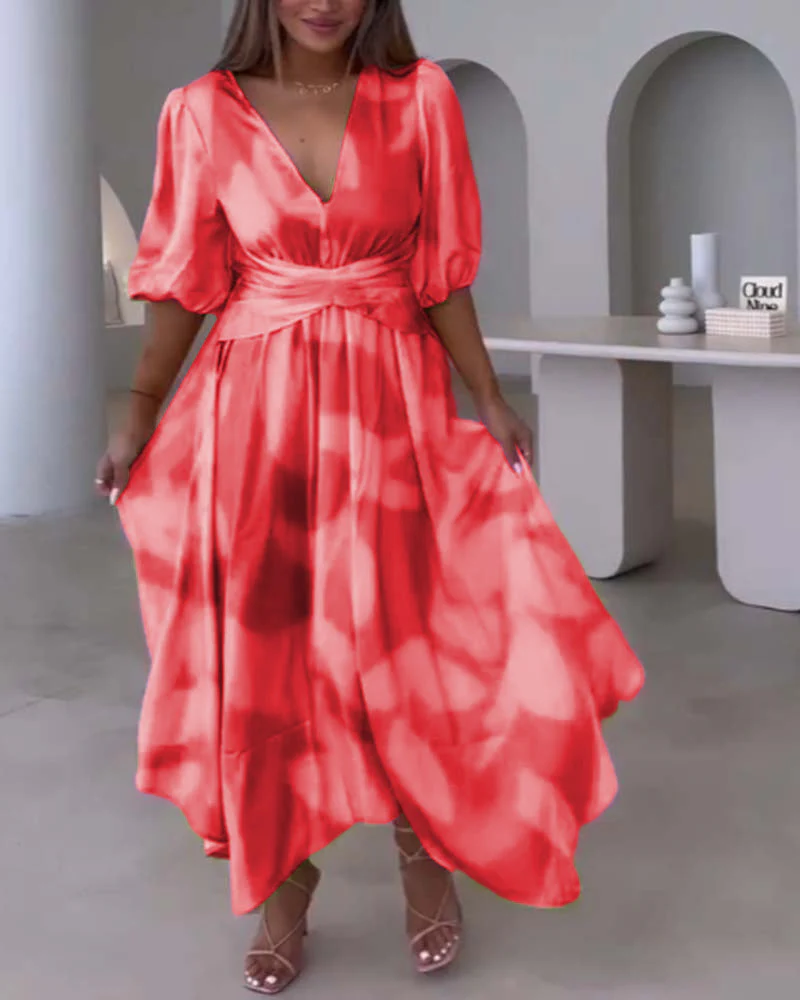 Deep V half-sleeve printed elegant dress - Image 29