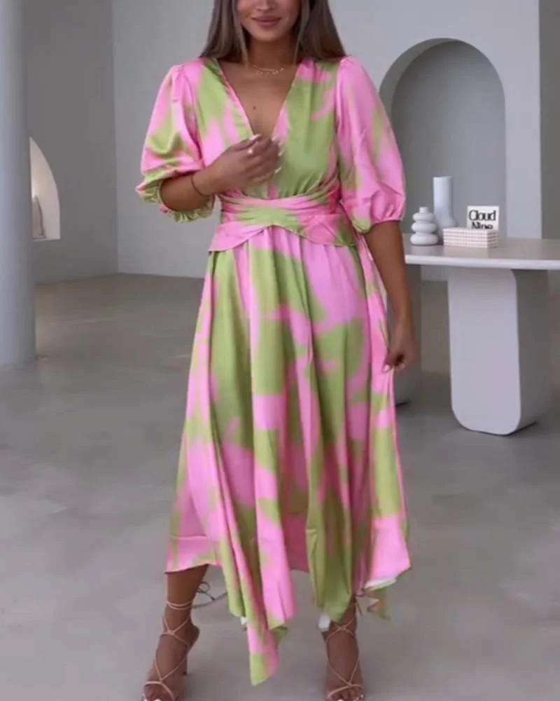 Deep V half-sleeve printed elegant dress - Image 40