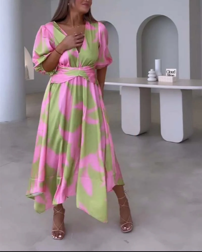 Deep V half-sleeve printed elegant dress - Image 8