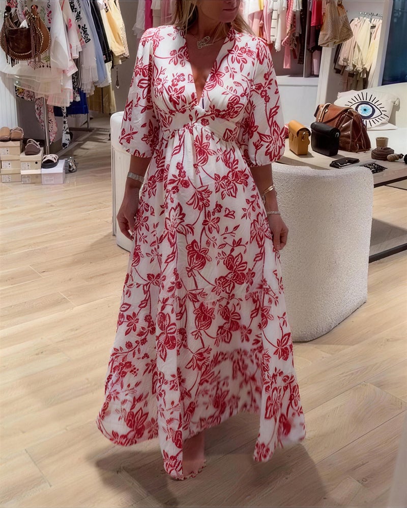 Deep V-Neck Elegant Floral Long Dress - Image 5