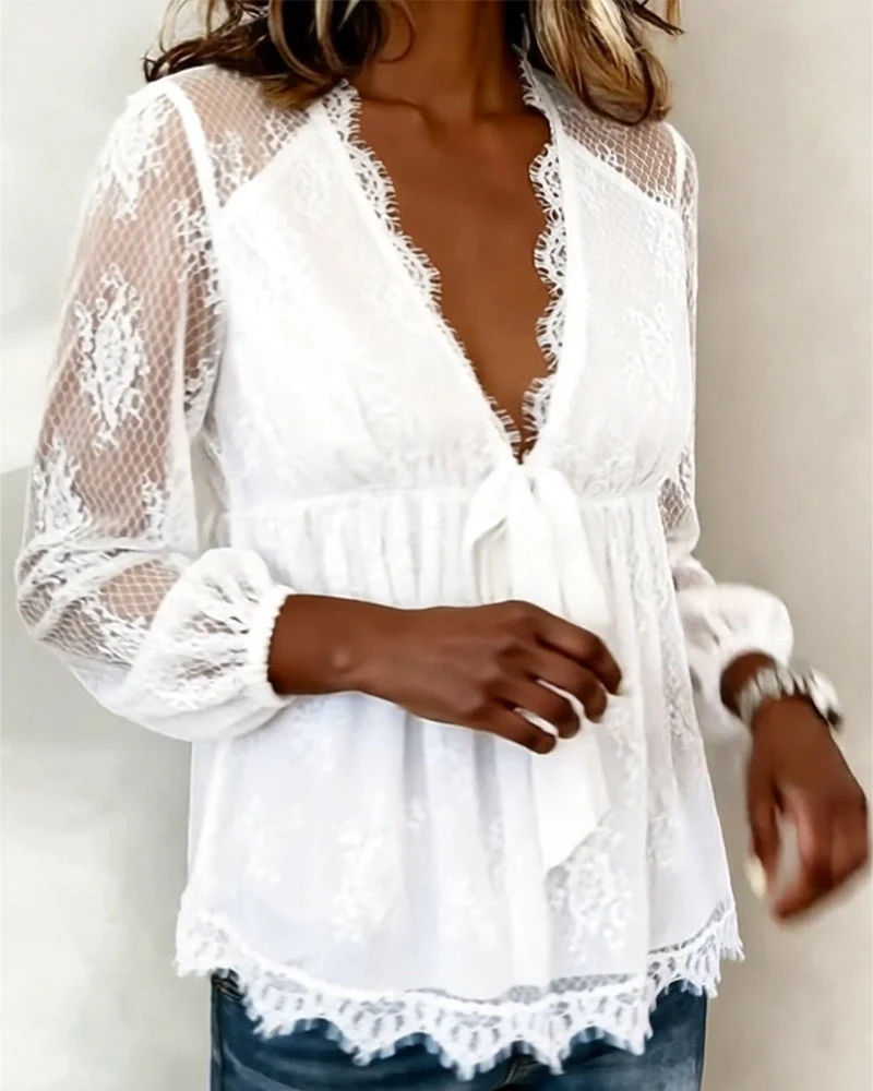 Deep V Tie Lace Blouse - Image 3