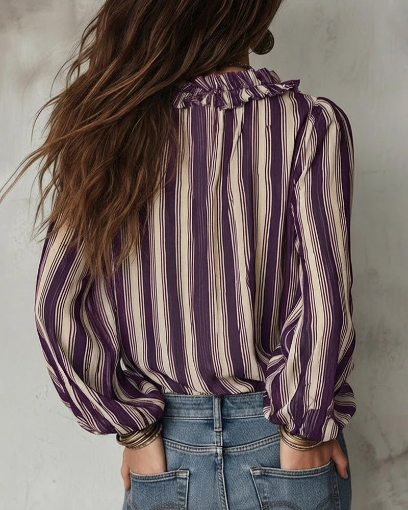 Deep V Vertical Striped Loose Blouse - Image 6