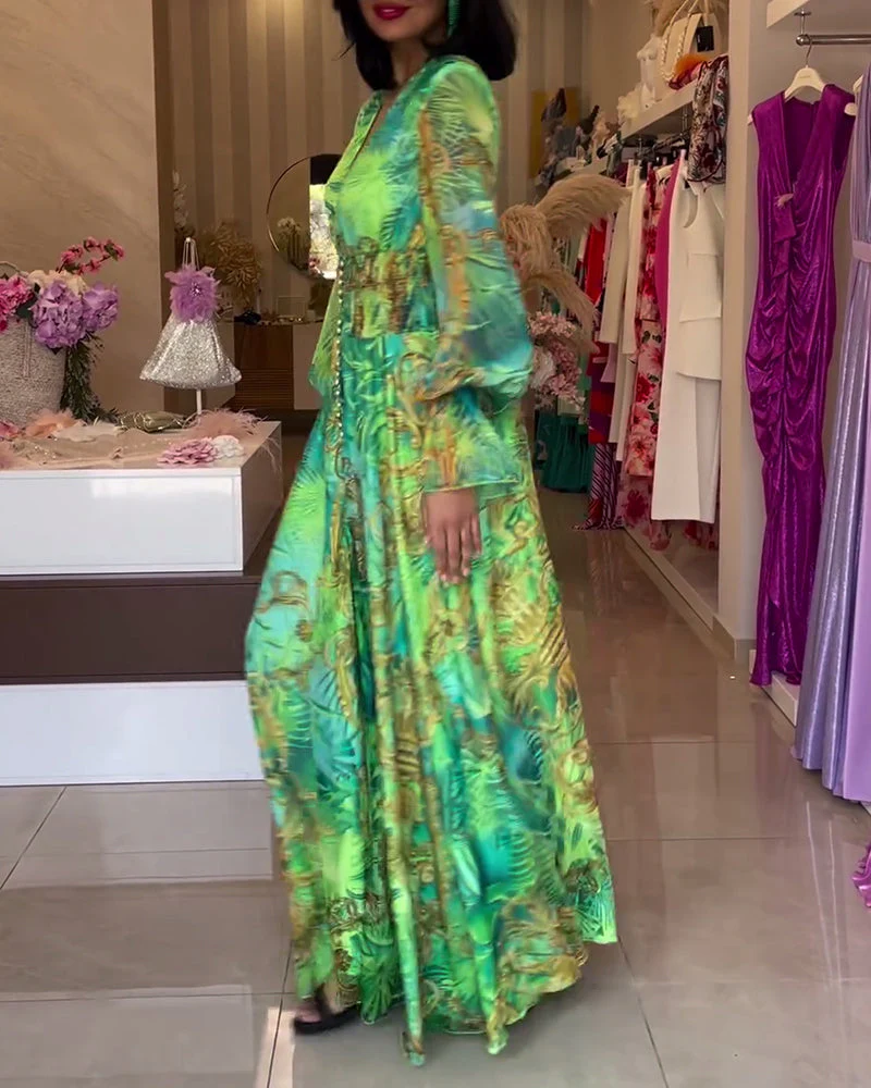 Deep V Waisted High-end Printed Dress - Image 3