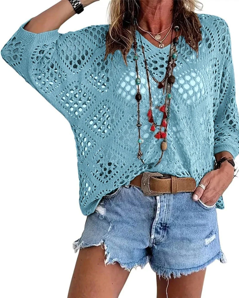 Diamond-Patterned Openwork Loose Top - Image 6