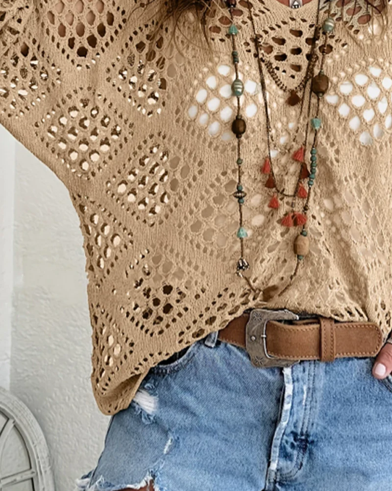 Diamond-Patterned Openwork Loose Top - Image 8