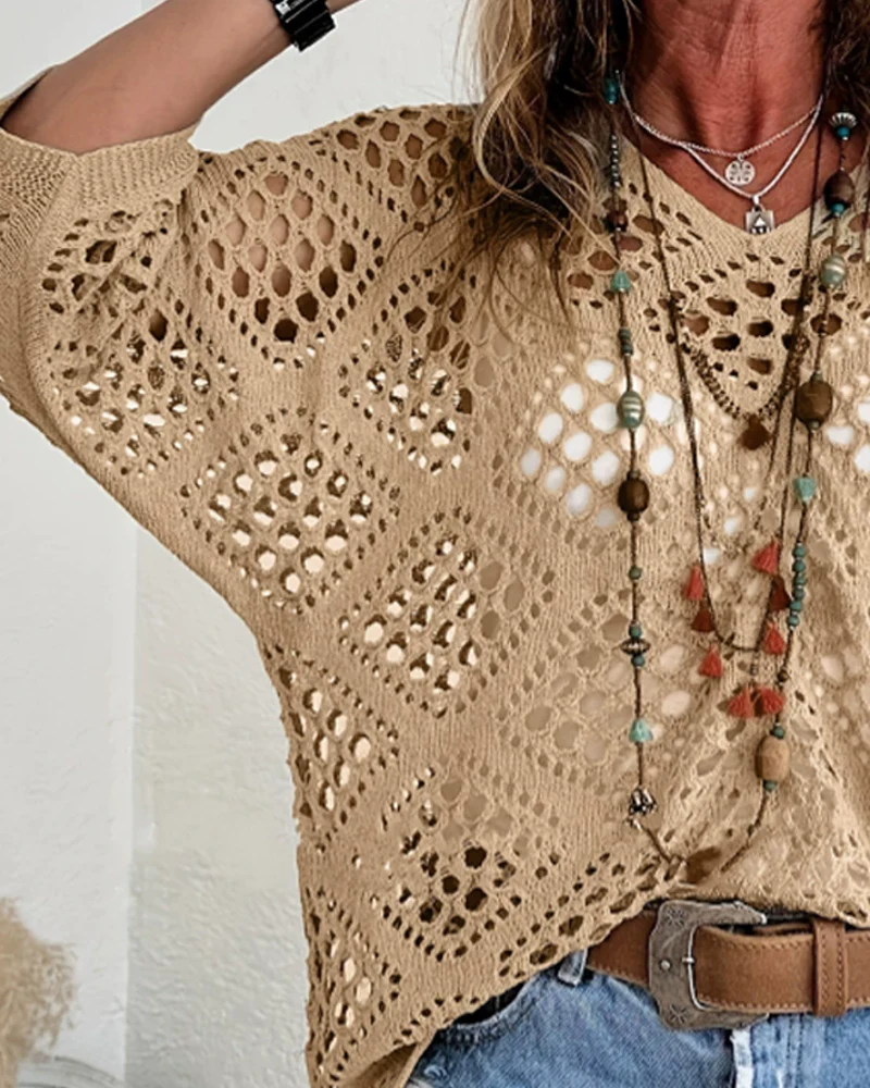 Diamond-Patterned Openwork Loose Top - Image 9