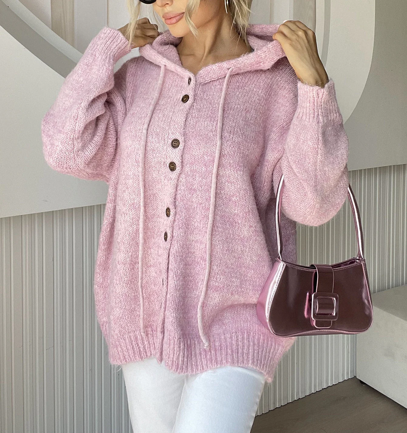 Drawstring Button Down Hooded Cardigan - Image 5